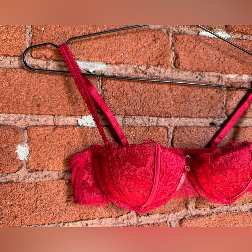 Etam Lace and satin Underwire Balconette Bra - Red